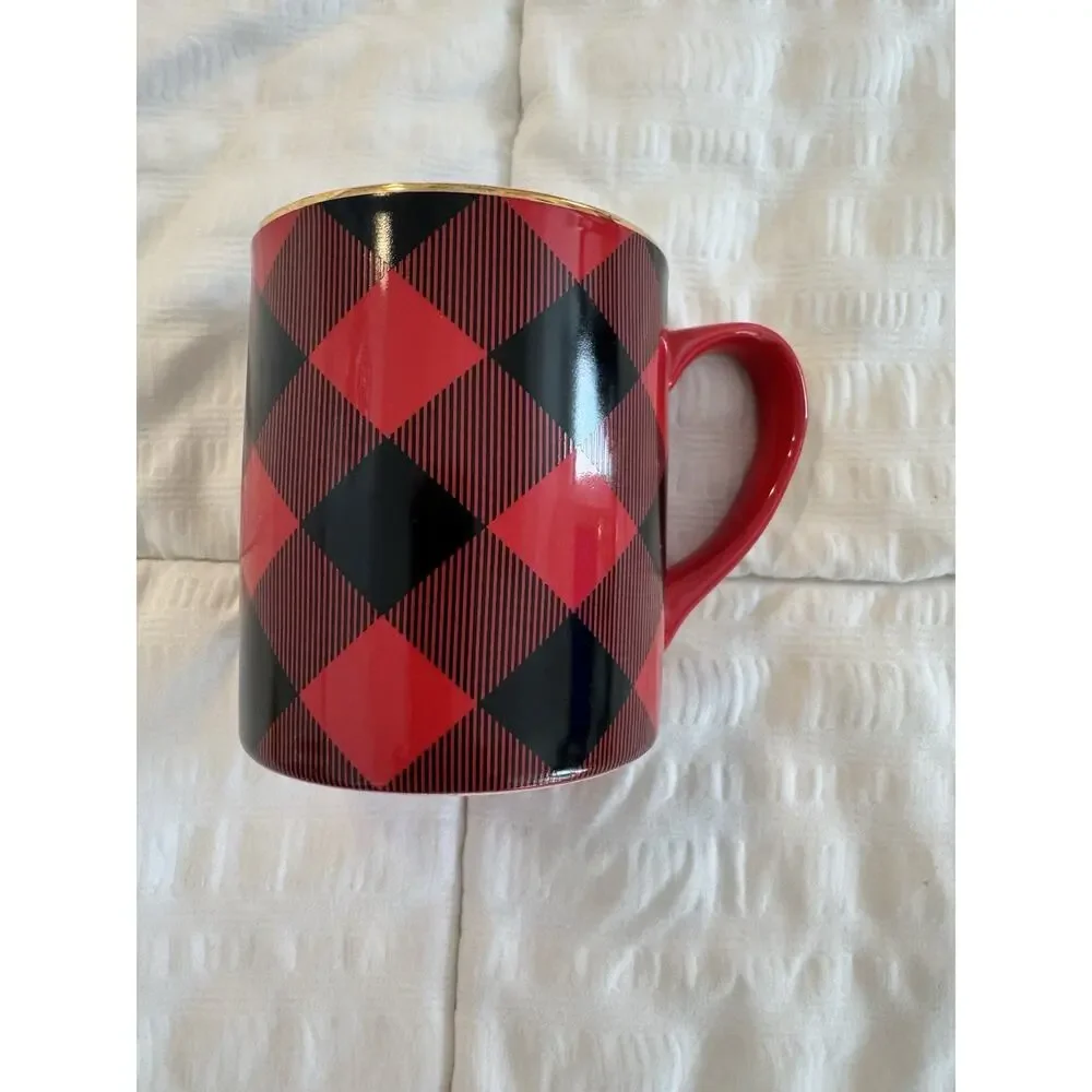 Paper Source Red Black Gold Mug Christmas Holiday Old Money Coffee Tea Plaid